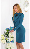 Casual Slim fit Tricot Long sleeve Ruffles in V-neck on bust Brooch Midi Dress in Petrol Green