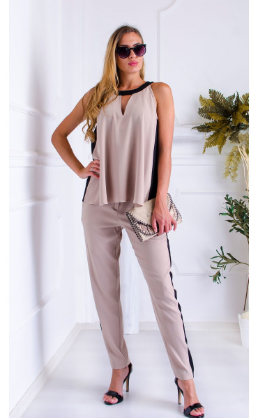 beige long Outfits ⭐ Beige Elegant Georgette Top and Pants Set
