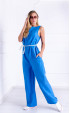 blue long Jumpsuits ⭐ Blue Casual Linen Sleeveless Jumpsuit