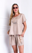 Beige Linen Casual Regular fit Short sleeve Summer Set - top and short pants