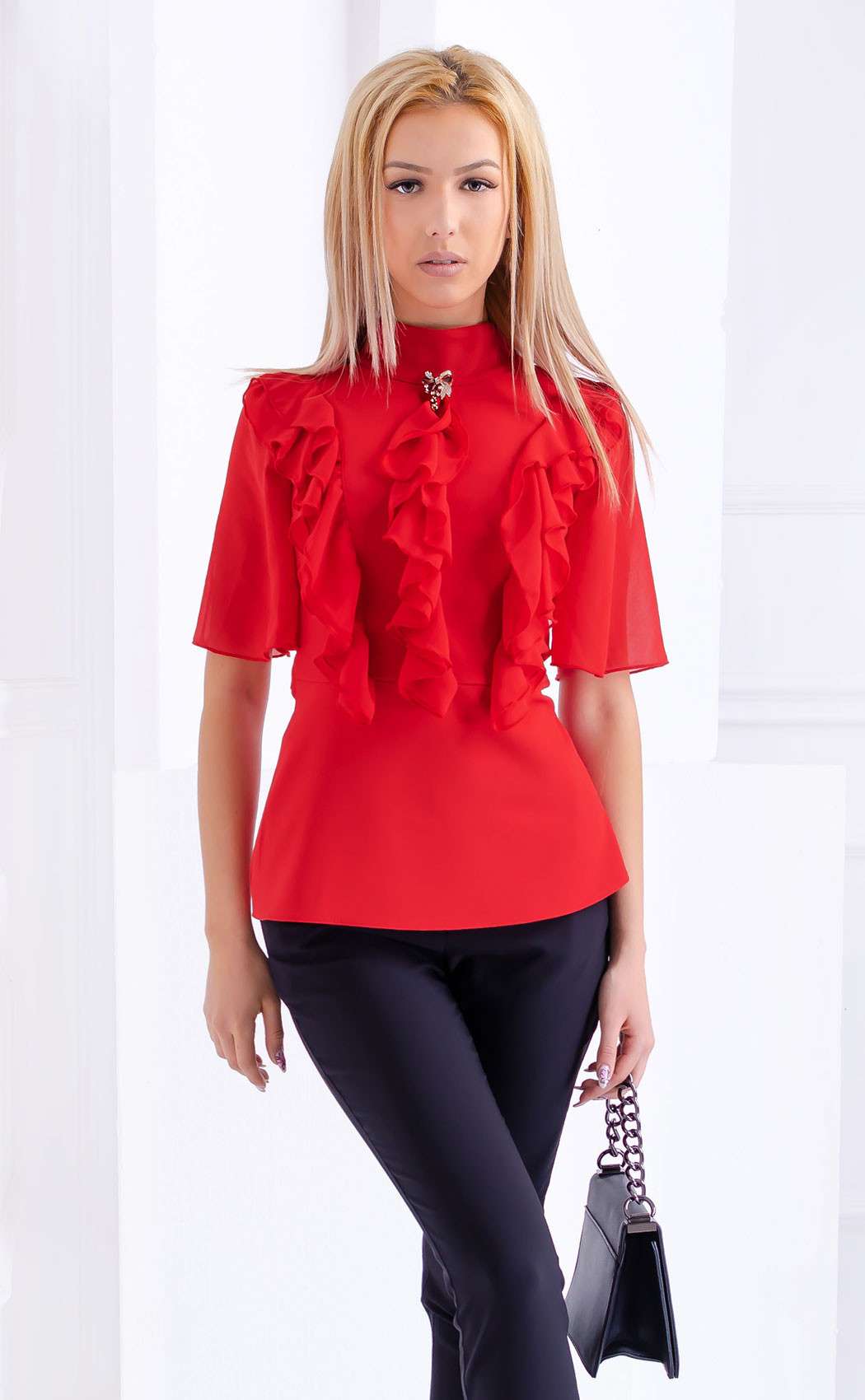 Red formal halfsleeve blouse with curls Formal blouses