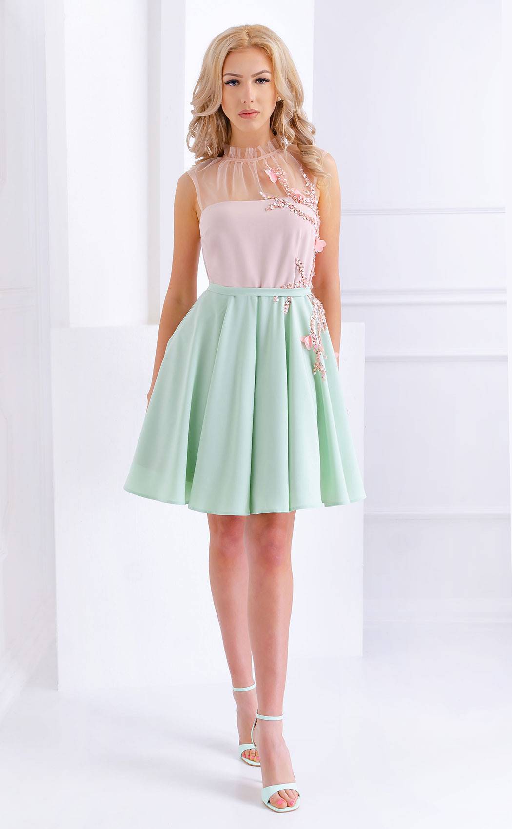 Stylish mini dress in mint pink and flowers Fleur Formal