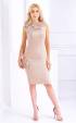 Beige formal midi dress with luxyry lace and feathers