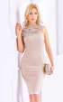 Beige formal midi dress with luxyry lace and feathers
