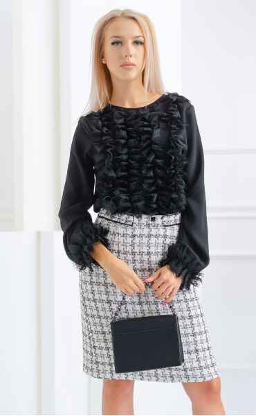 Елегантни дамски черни блузи с дълъг ръкав от шифон с къдри ⭐ Ароганс