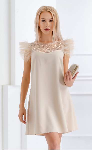 Елегантна бежова рокля с пера и перли Валъри ⭐ Официални рокли