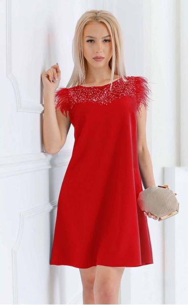 Официална дамска рокля в червено с пера Валъри ⭐ Ароганс