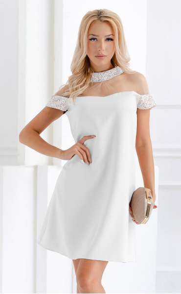 Бели рокли за бременни ⭐ Бяла официална А силует рокля с къс ръкав Оливия