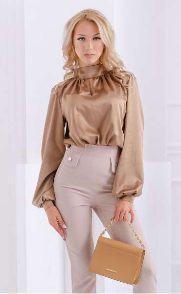brown mini Formal blouses ⭐ Satin wide longsleeve formal blouse