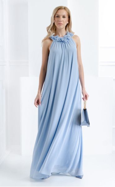 Elegant Light Blue Maxi Chiffon Dress with Floral Neck Detail