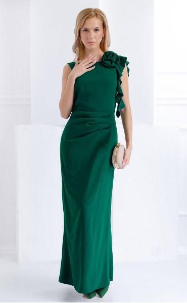 Elegant Dark Green Floor-Length Dress with Ruffle and Open Back